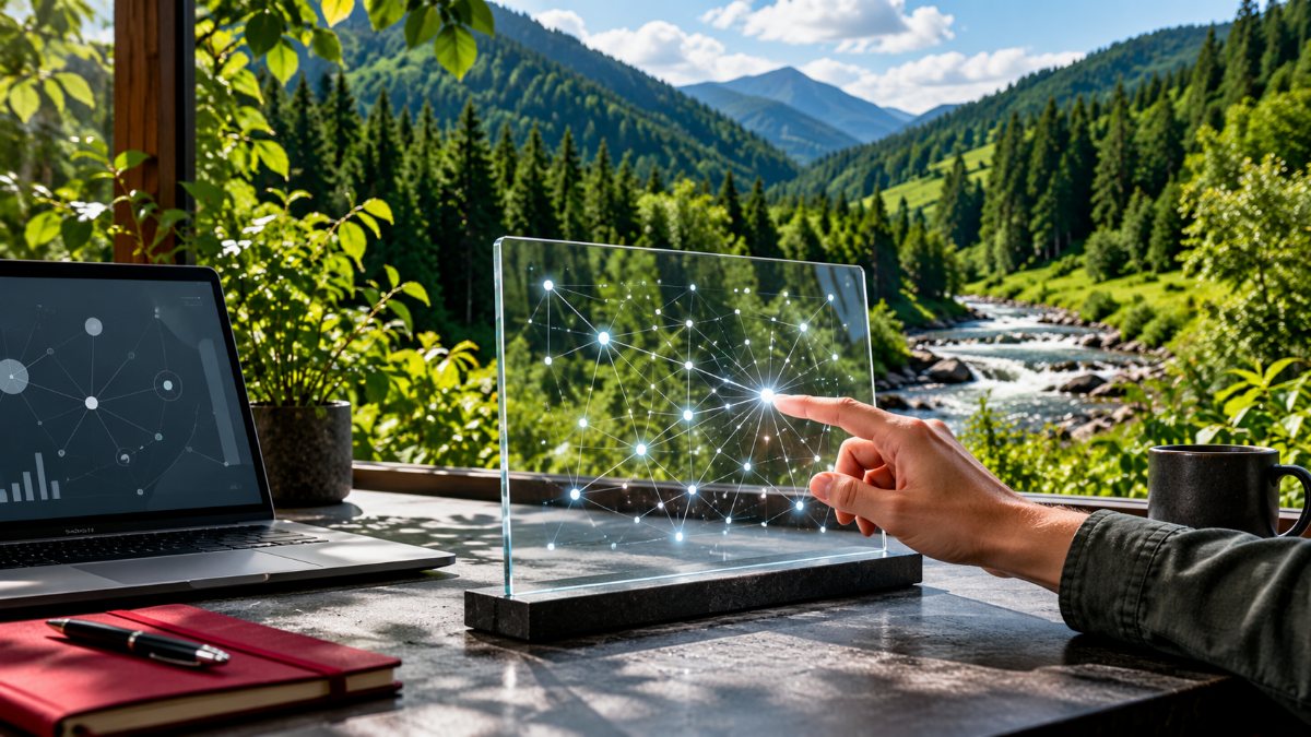 Průhledný technologický panel se sítí propojených bodů v přírodě.
